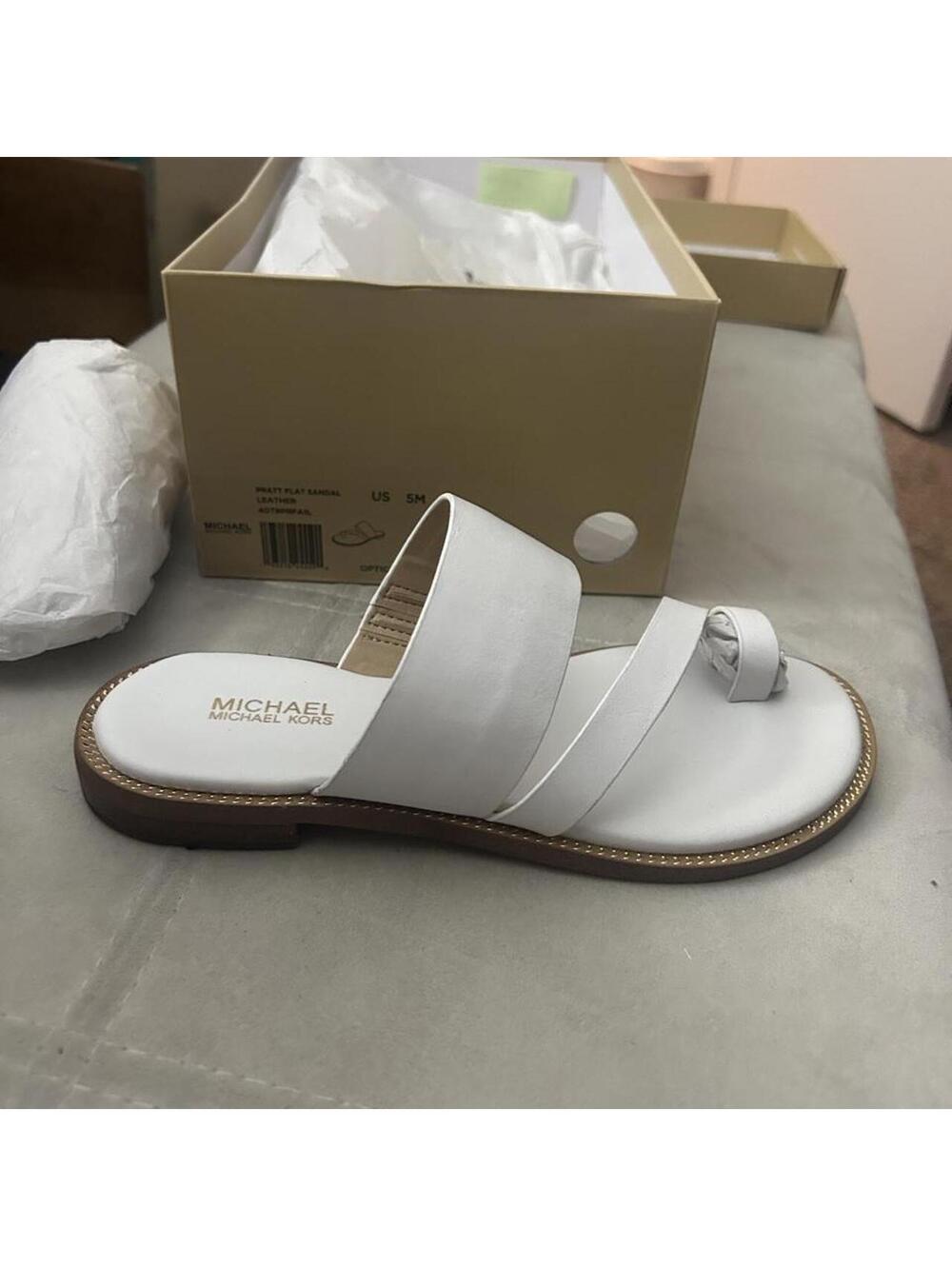 Michael Michael Khores Pratt Flat White leather sandals with gold trim size 5